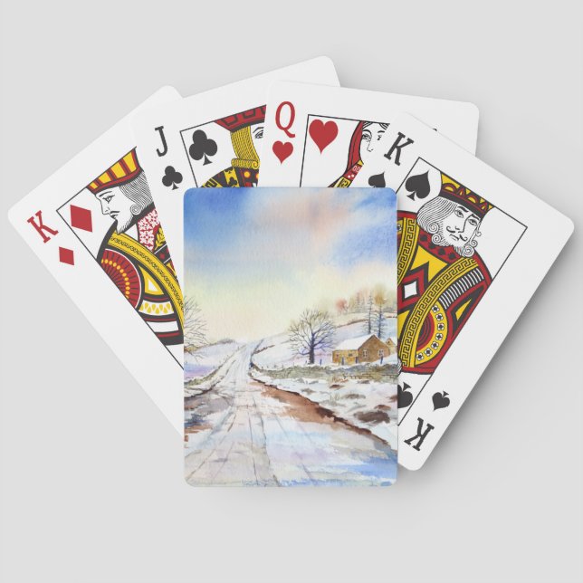 Wintery Lane Wasserfarbenwelt Landschaftsbild Male Spielkarten (Rückseite)