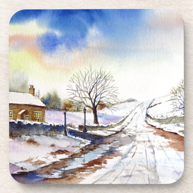 Wintery Lane Wasserfarbenwelt Landschaftsbild Male Untersetzer (Vorderseite)