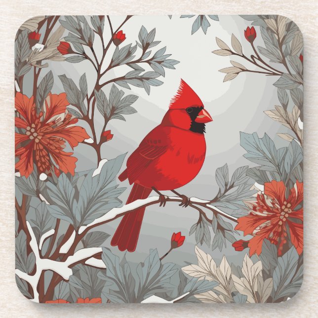 Wintery Red Kardinal Bird Getränkeuntersetzer (Vorderseite)