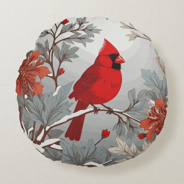 Wintery Red Kardinal Bird Rundes Kissen (Vorderseite)