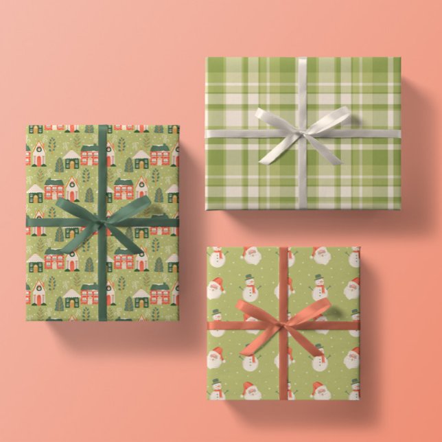 Wintery Weihnachtsstadt, Santa, Frosty, Green Kari Geschenkpapier Set (Von Creator hochgeladen)