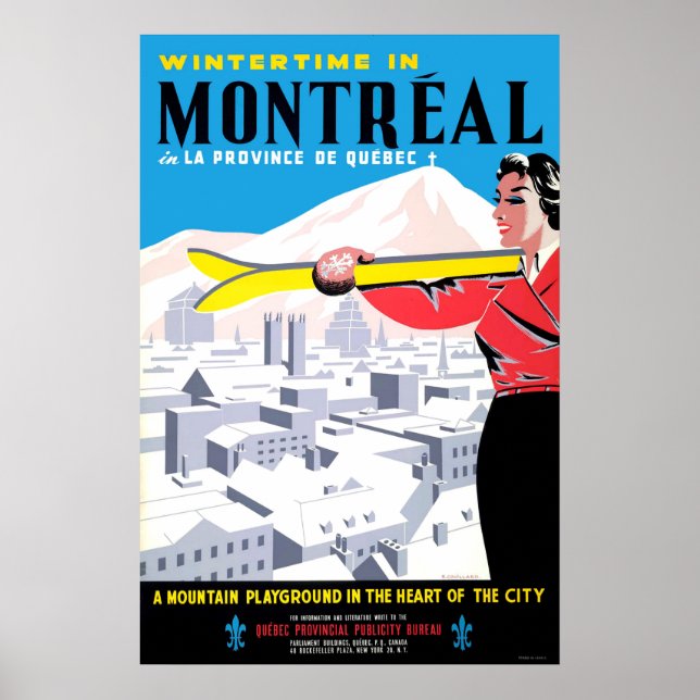 Winterzeit in Montreal, Frau mit Skiausrüstung Poster (Vorne)