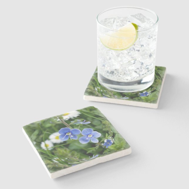 winzige blaue Blumen Steinuntersetzer (Seitenansicht)