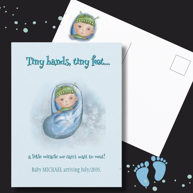 Winzige Hände, winzige Füße - Schwangerschaftsankü Ankündigungspostkarte (Tiny hands, tiny feet - pregnancy announcement)
