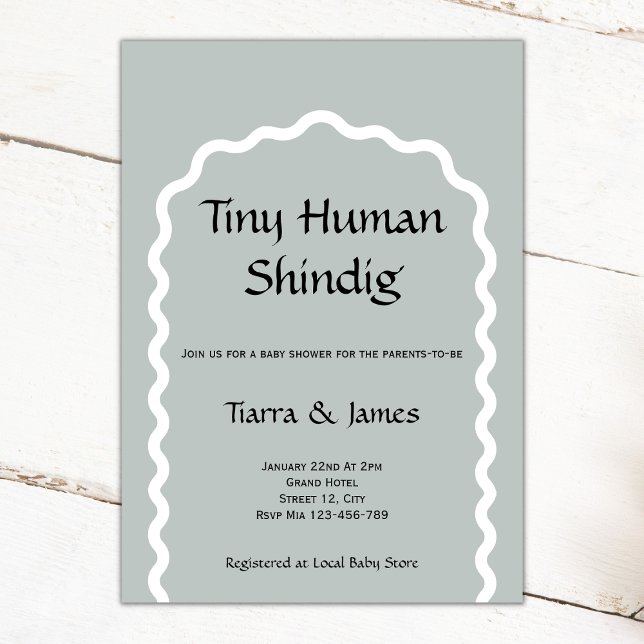 Winzige Minimalistische Kinderdusche Einladung (tiny human shindig baby shower invitation sage white wavy arch funny)