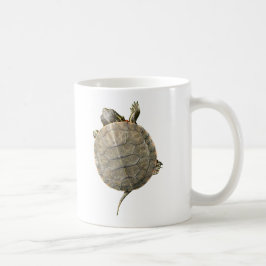 Winzige Schildkröte krabbelt Seite an Tasse