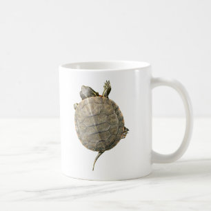 Winzige Schildkröte krabbelt Seite an Tasse