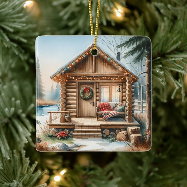 Winzige Zuhause Log-Kabine im Winterwald-Weihnacht Keramikornament (Baum)