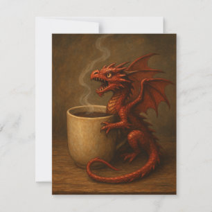 Winziger Kaffeedrache umarmt eine Tasse Fantasy Ar Mitteilungskarte