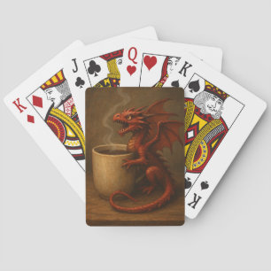 Winziger Kaffeedrache umarmt eine Tasse Fantasy Ar Spielkarten