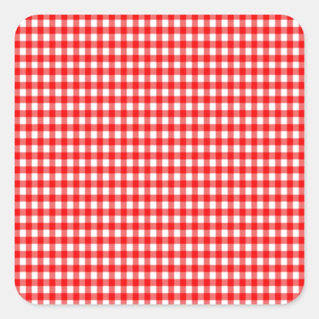 winziger Karo Rot-Weiß Gingham Quadratischer Aufkleber (Vorderseite)