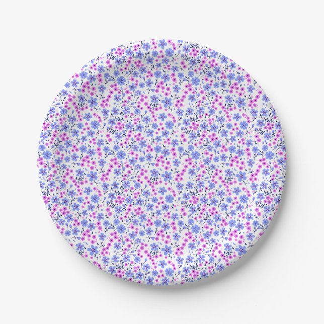 Winziges süßes weißes blaues rosa Blumenmuster Pappteller (Vorderseite)