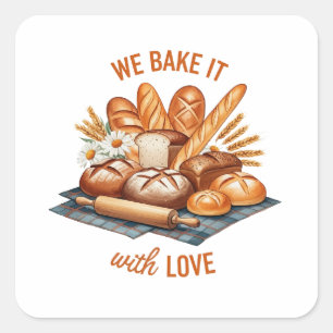 Wir backen es mit Liebe - künstlerisches Brot Quadratischer Aufkleber