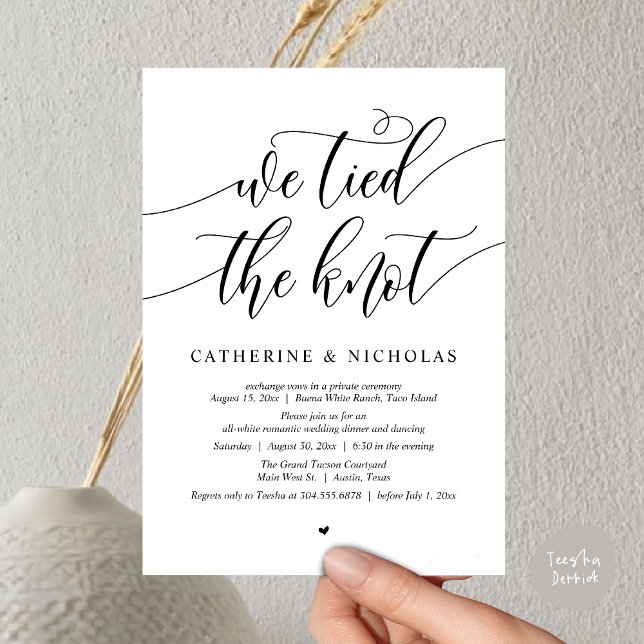 Wir band den Knoten, Hochzeitsfeier Abendessen Par Einladung (We tied the knot, Modern Wedding Elopement Dinner Party Wine Invitation Card PDF White Black)