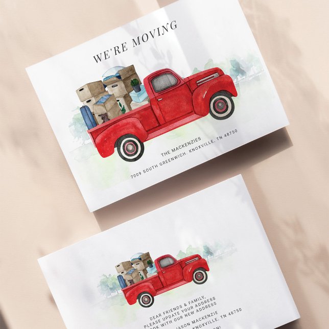 Wir bewegen den Vintagen roten LKW-Adresswechsel (Von Creator hochgeladen)