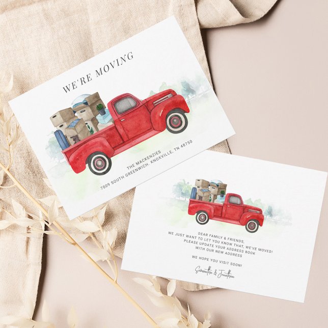 Wir bewegen die Ankündigung von Red Truck Moving (We Have Moved Watercolor Red Truck Moving Announcement)
