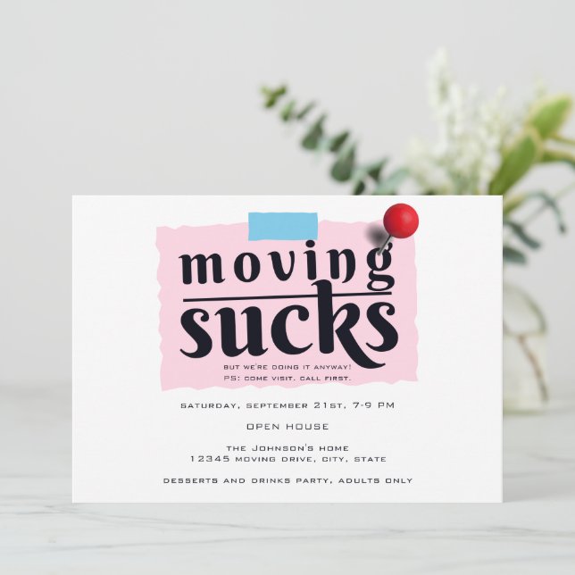 Wir bewegen die moderne Funny Farewell Party Einladung (Stehend Vorderseite)
