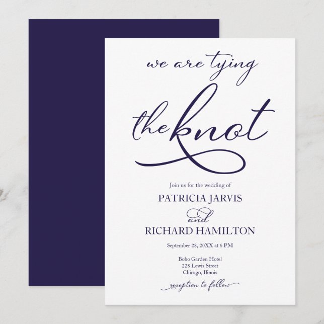 Wir binden die blaue Hochzeit der Knot Navy Einladung (Vorne/Hinten)