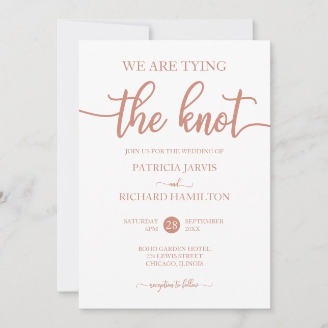 Wir binden die Rose Gold Script Hochzeit Einladung (Vorderseite)