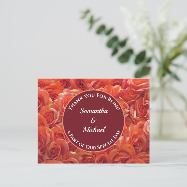 Wir danken Ihnen für Ihre Orange Blume Hochzeit Postkarte (Stehend Vorderseite)