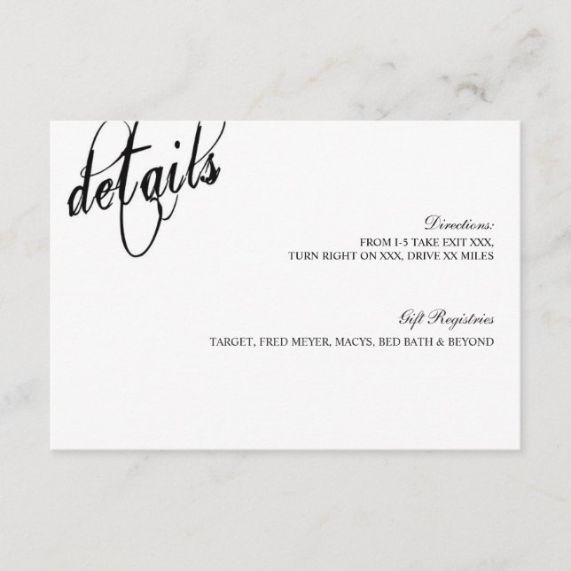 Wir entschieden uns für die immer Wedding Details  Begleitkarte (Vorderseite)