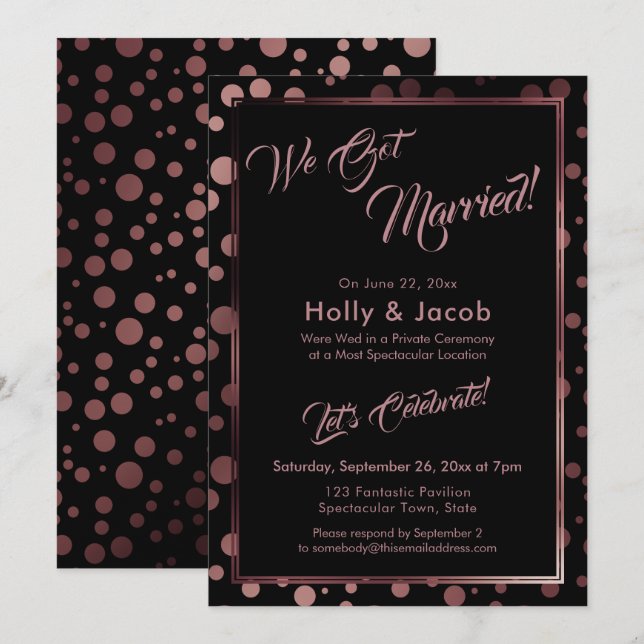 Wir Got Verheiratet! Rose Gold Confetti Bubbles &  Einladung (Vorne/Hinten)