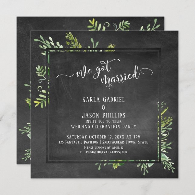 Wir Got Verheiratet Script Greenery Bouquet Chalkb Einladung (Vorne/Hinten)