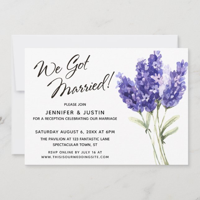 Wir Got Verheiratete Aquarelllavender-Blume Einladung (Vorderseite)
