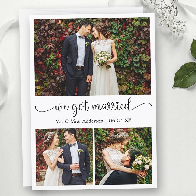 Wir Got Verheiratete Herzkalligraphie 3 Foto Hochz Ankündigung (Customize to change your personalized text size, text style or to add text to back of card.)