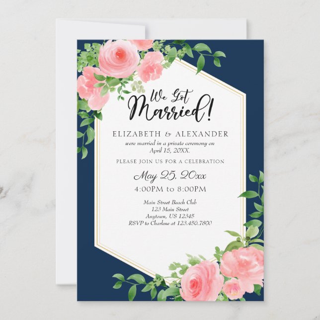 Wir Got Verheiratete Hochzeit von Navy Blue Pink Einladung (Vorderseite)