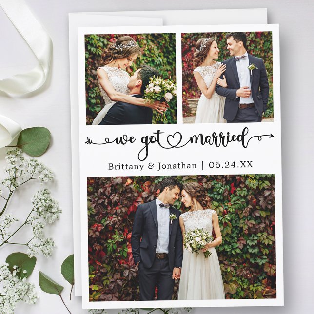 Wir Got Verheiratete Kalligrafie Herz 3 Fotos Hoch Ankündigung (Customize to change your personalized text size, text style or to add text to back of card.)