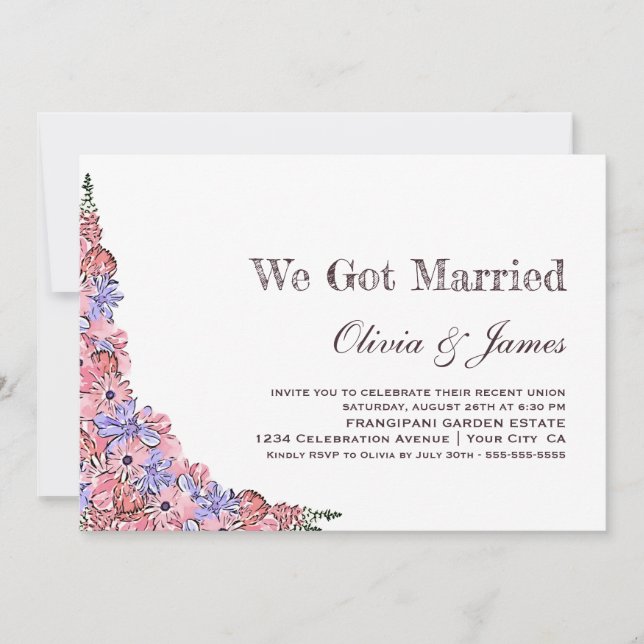 Wir Got Verheiratete Rosa Flora Hochzeitsempfehlun Einladung (Vorderseite)