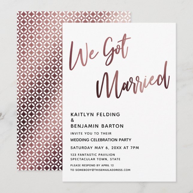 Wir Got Verheiratete Rose Gold Hochzeit Empfang Einladung (Vorne/Hinten)