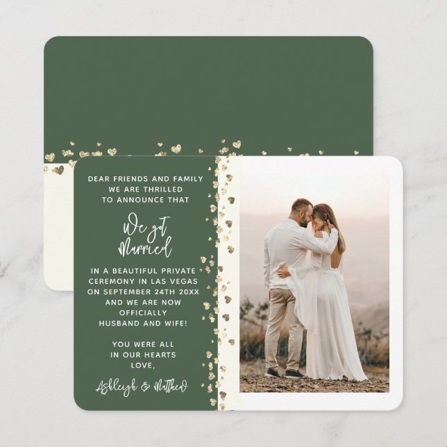 Wir Got Verheirateten Glitzer Herz Foto Green Gold Einladung (Vorne/Hinten)