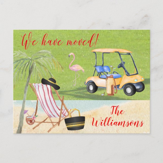 Wir haben Beach Budget Palm Trees Golf Move Ankündigungspostkarte (Vorderseite)