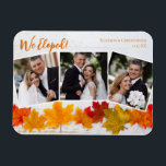 Wir haben das Fall Leaf Hochzeitskündigung Foto Magnet<br><div class="desc">Dieser wunderschöne Hochzeitsankündigung Erntedank Foto Magnet verfügt über eine elegante 3 Fotocollage unter den orangen Worten We Eloped. Dieses hübsche Herbstblatt-Foto mit trendigem Weißholz hinter den Blätter ist eine schicke Urlaubskarte,  die Sie mit Ihren neuvermählten Fotografien verzieren können. Danke für die neue Hochzeit mit diesen niedlichen Bildern.</div>