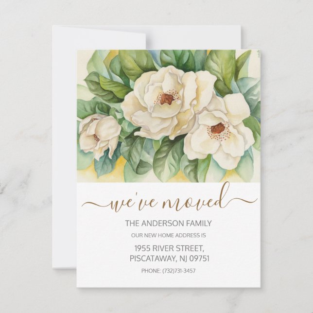 Wir haben das Floral Magnolia Gold Script Moving Ankündigung (Vorderseite)