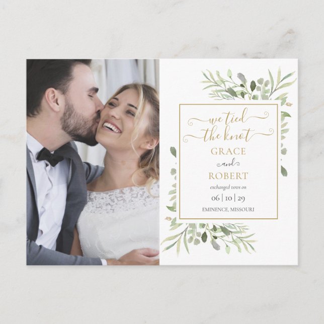 Wir haben das Foto Hochzeit der Knot Script-Grünen Ankündigungspostkarte (Vorderseite)