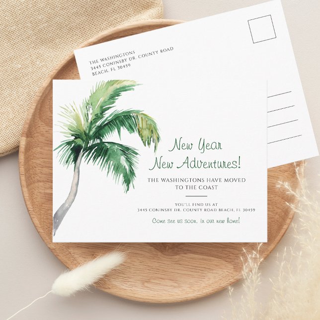 Wir haben das neue Jahr verschoben Ankündigungspostkarte (New Year New Adventures Change of Address Palm Tree Moving Announcement Postcard)