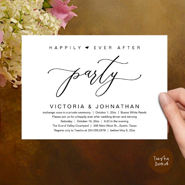 Wir haben das Party zum Hochzeitsessen, das Abende Einladung (Happily Ever After Party Wedding Elopement Dinner Invitation Card PDF Classy Black White)