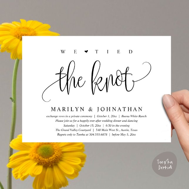 Wir haben das Party zum Hochzeitsessen, das Abende Einladung (We Tied The Knot, Modern Wedding Elopement Dinner Party Invitation Card PDF Classy Black White)
