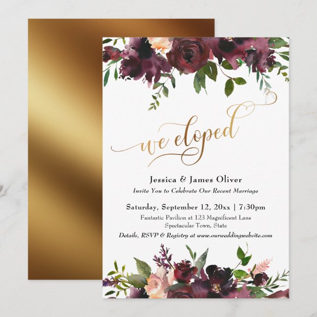 Wir haben Deep Red Burgundy Floral Gold Script Einladung (Vorne/Hinten)