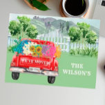 Wir haben den Blumenzaun auf dem Lande umgezogen Ankündigungspostkarte<br><div class="desc">Wir haben Budget bezaubernden White Picket Fence Blume Red Truck auf dem Weg zu Ihrer neuen Zuhause. Viele personalisieren auf dieser Karte. Alle Design-Fragen,  senden Sie einfach eine E-Mail an charmdesignstudio@rcn.com und wir freuen uns,  Ihnen zu helfen.</div>