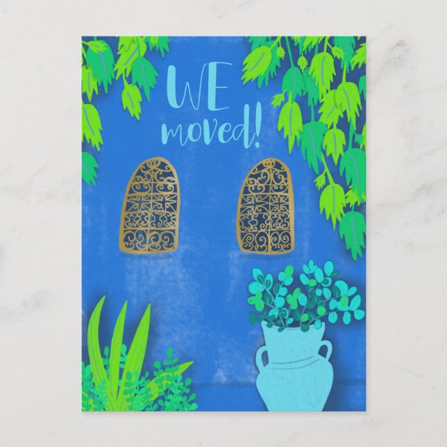 Wir haben den neuen Zuhause Blue Garden Botanical  Postkarte (Vorderseite)