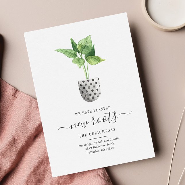 Wir haben die Ankündigung "Script Boho Moving" ver (Planted New Roots Moving Announcement Card)