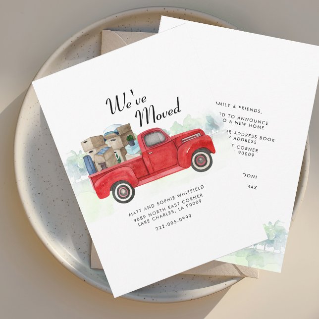Wir haben die Ankündigung über den Wasserfarbenzug (We've Moved Change of Address Red Truck Watercolor Moving Announcement)