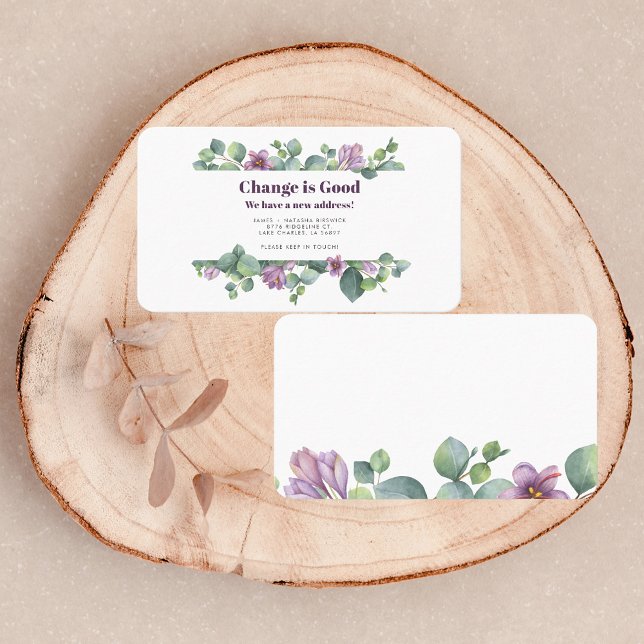 Wir haben die Ankündigung "Umzug der Eukalyptus-Ad (Eucalyptus Greenery Purple Moving Announcement Business Card)
