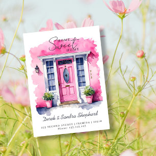 Wir haben die neue Adresse in rosa Aquarelltür ver Ankündigungspostkarte