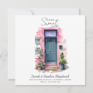 Wir haben die neue Adresse in rosa Aquarelltür ver Karte