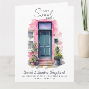 Wir haben die neue Adresse in rosa Aquarelltür ver Karte